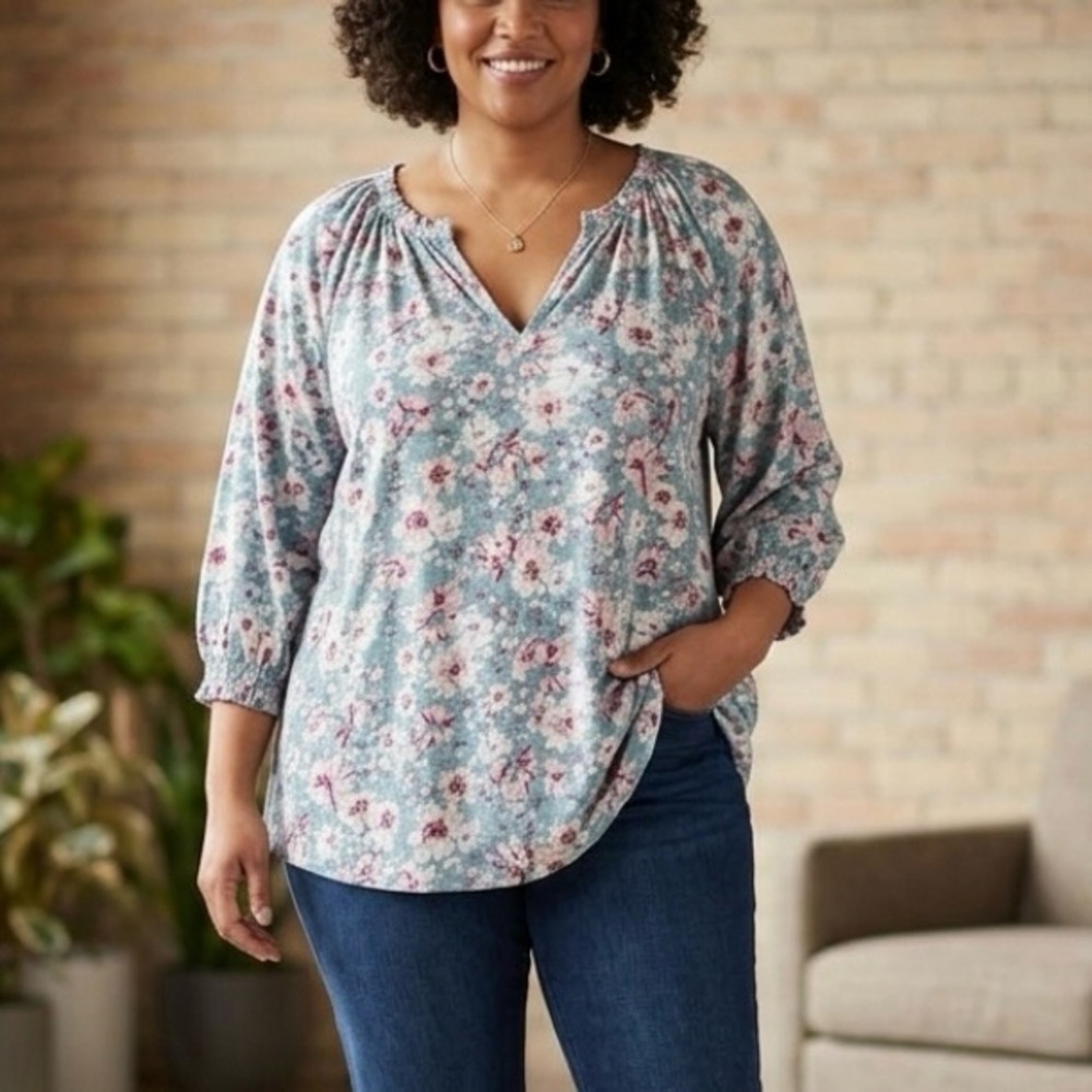 Style & Co. Floral Peasant Top 3/4 Sleeve Smocked Cuff in Blue Size 2XL NWOT
